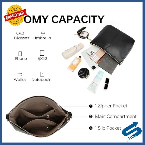 Vegan Leather Crossbody Bag with Detachable Straps, Compact Tote Purse - Picture 6 of 8